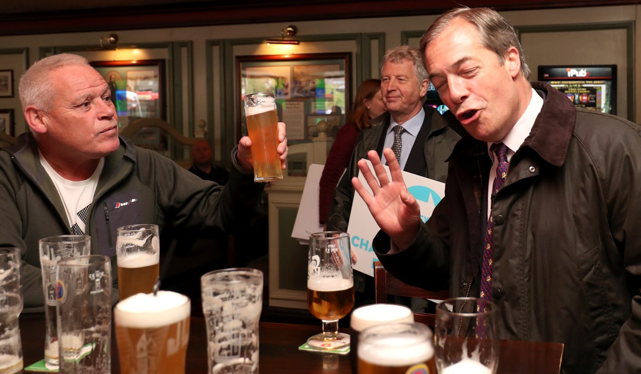 Brexit Party leader Nigel Farage at a pub in Sunderland on Saturday. Photo: Reuters