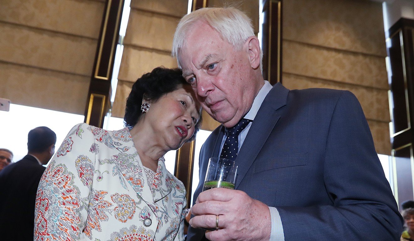 Former chief secretary Anson Chan chatting with former governor Chris Patten at the Island Shangri-La Hotel in Central in September 2017. Photo: Edward Wong