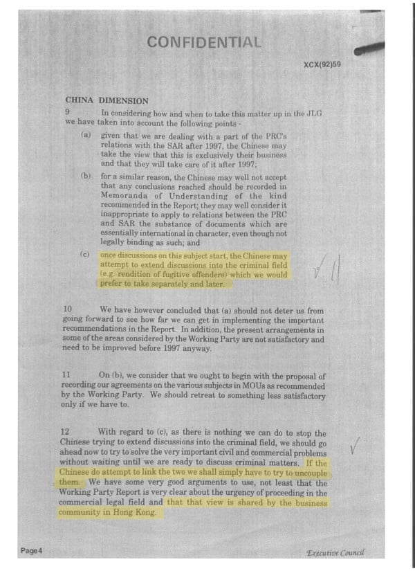 A memo of a discussion in the Executive Council on November 24, 1992 recommended ‘uncoupling’ the discussion on cooperation with the mainland on civil matters from talks on criminal ones, including the rendition of fugitives. Photo: Handout
