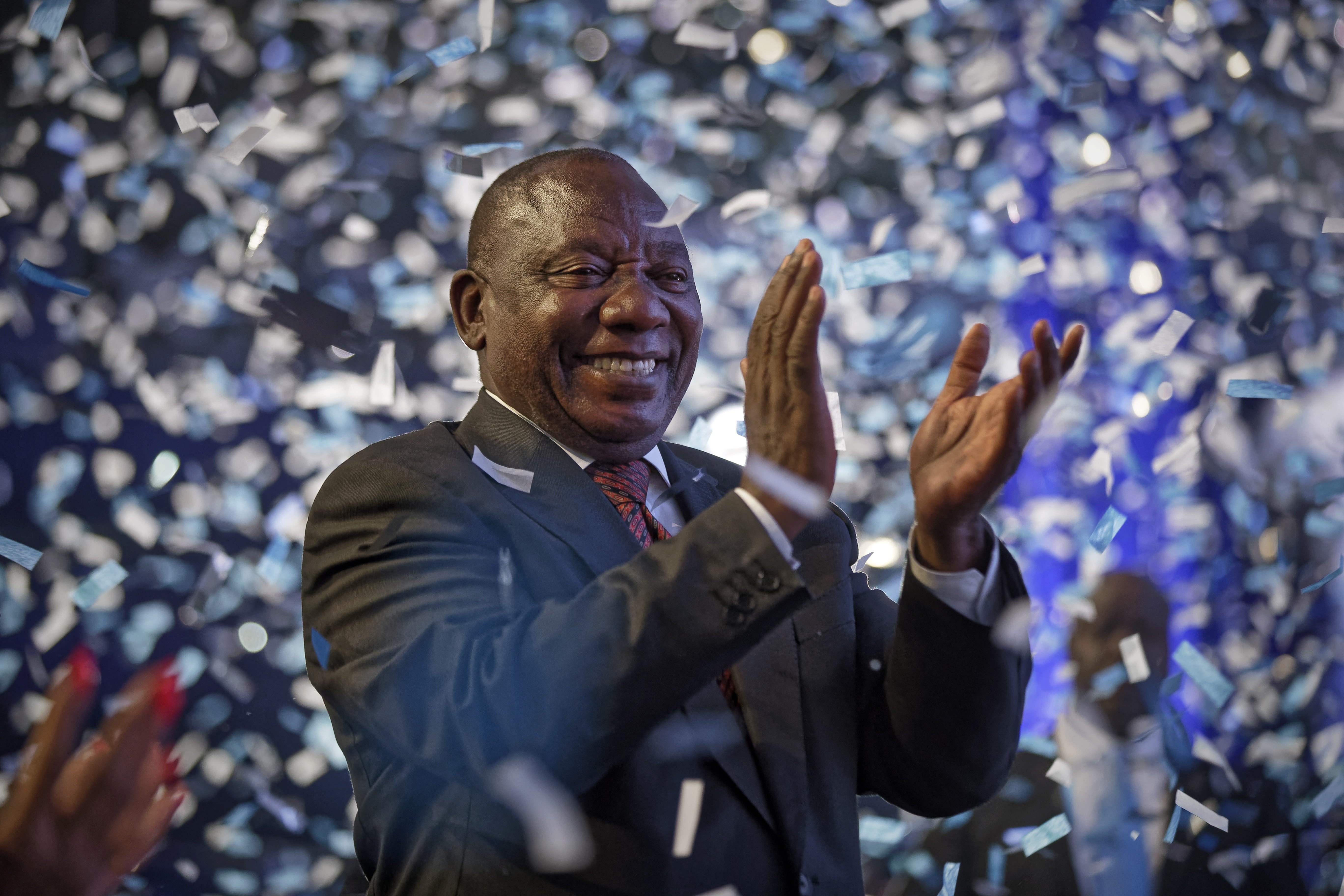 President Cyril Ramaphosa applauds at the end of the results ceremony at the Independent Electoral Commission Results Center in Pretoria. Photo: AP Photo
