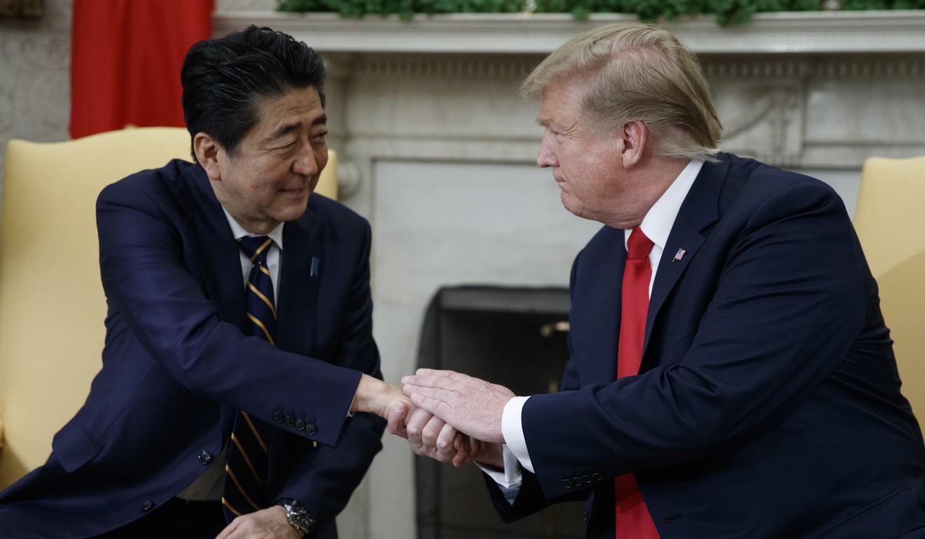 Japanese Prime Minister Shinzo Abe meets US President Donald Trump in the Oval Office of the White House in April. Japan and India are part of the American security system in the Indo-Pacific region, the civilisational basis for their inclusion in America’s alliance deriving from their shared democratic polity. Photo: EPA-EFE