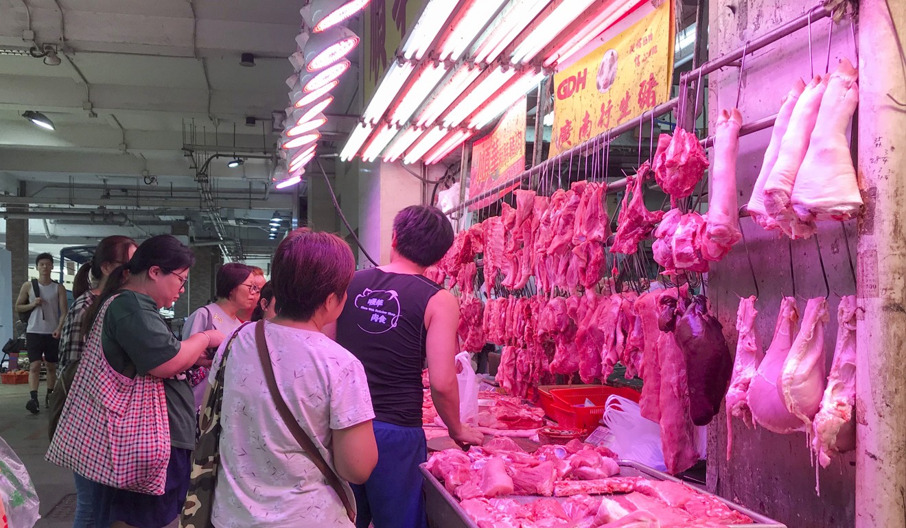 Mr Leung, the manager of Shun Wah butcher’s shop in Mei Foo, said the shop would not open on Sunday due to a shortage of supplies. Photo: Naomi Ng