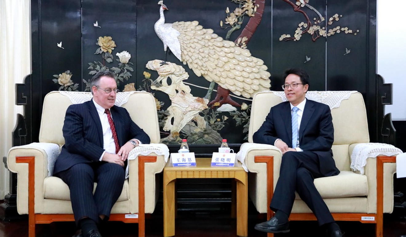 Andrew Heyn, British consul general to Hong Kong and Macao meets with Zhang Xiaoming, Director of the Hong Kong and Macao Affairs Office of the State Council in Beijing on April 9. Photo: Handout