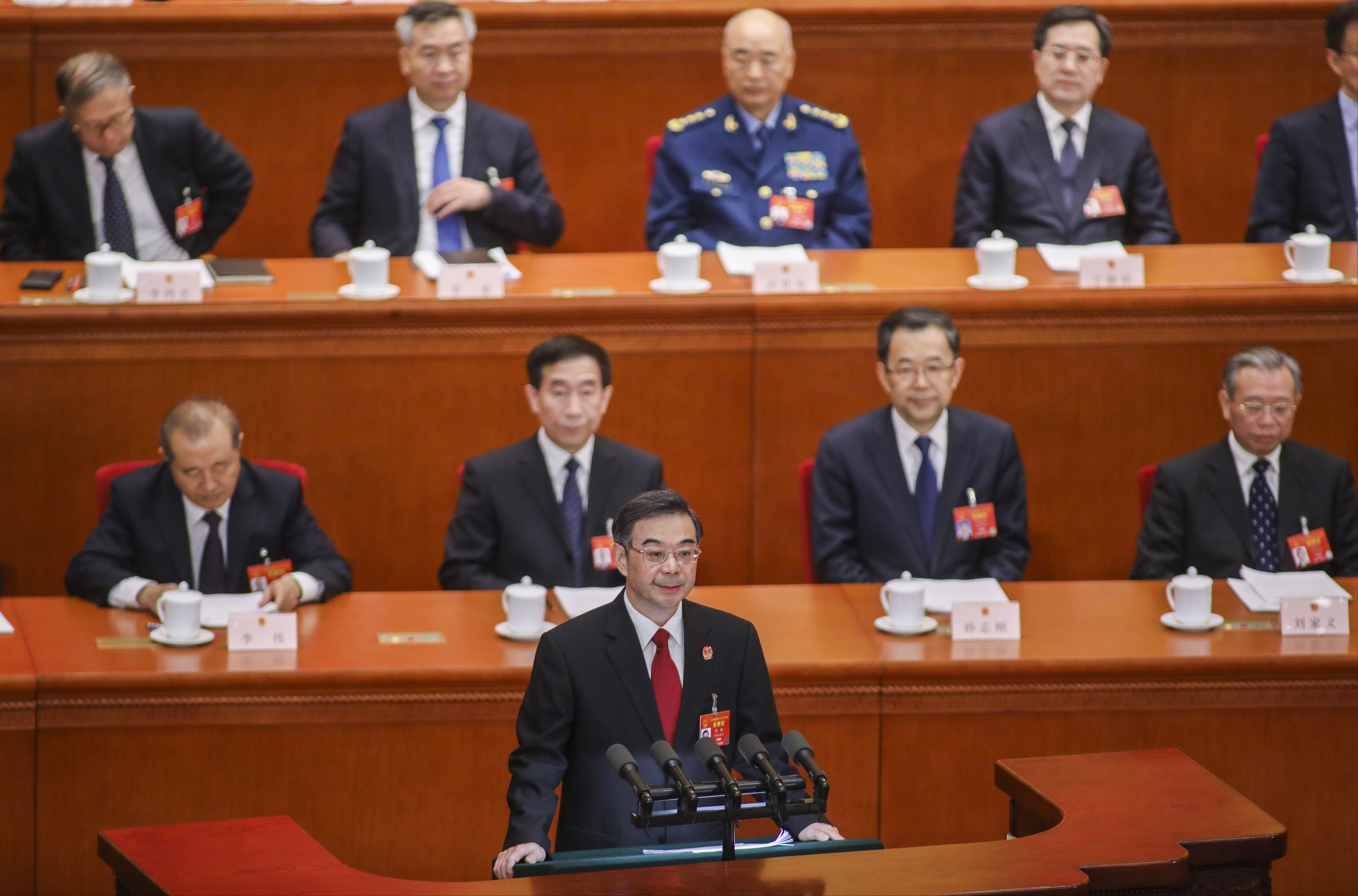 Zhou Qiang, chief justice and president of the Supreme People’s Court of China, presents his work report to the 13th National People’s Congress at the Great Hall of the People in Beijing on March 12, 2019. Photo: Simon Song