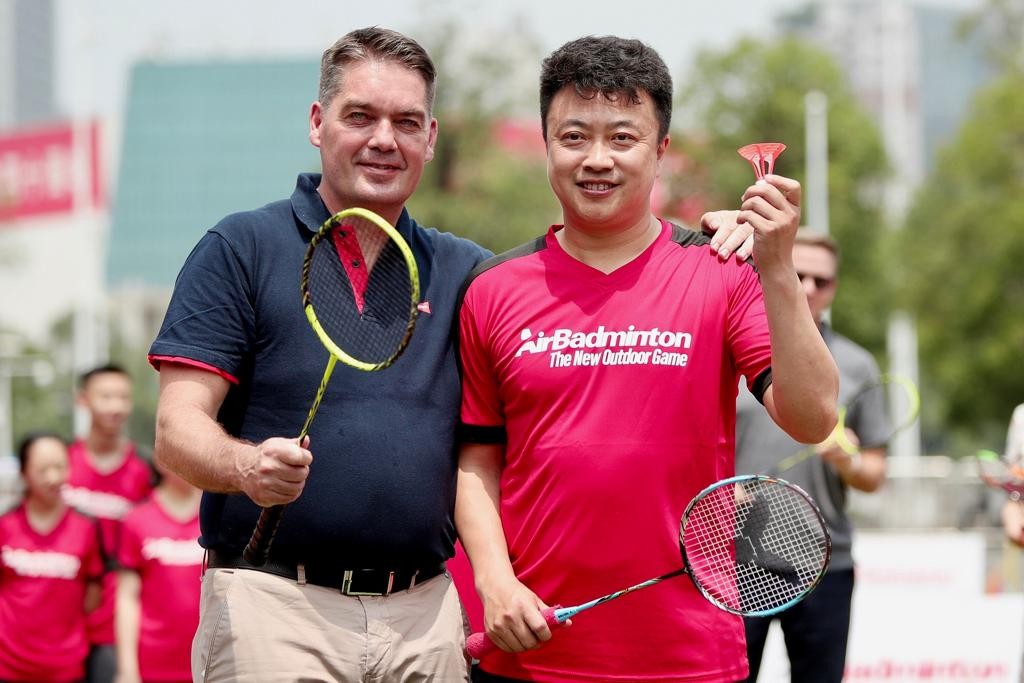 Poul-Erik Hoyer and China’s Dong Jiong, the player he beat at the 1996 Atlanta Olympics for gold. Photo: BWF