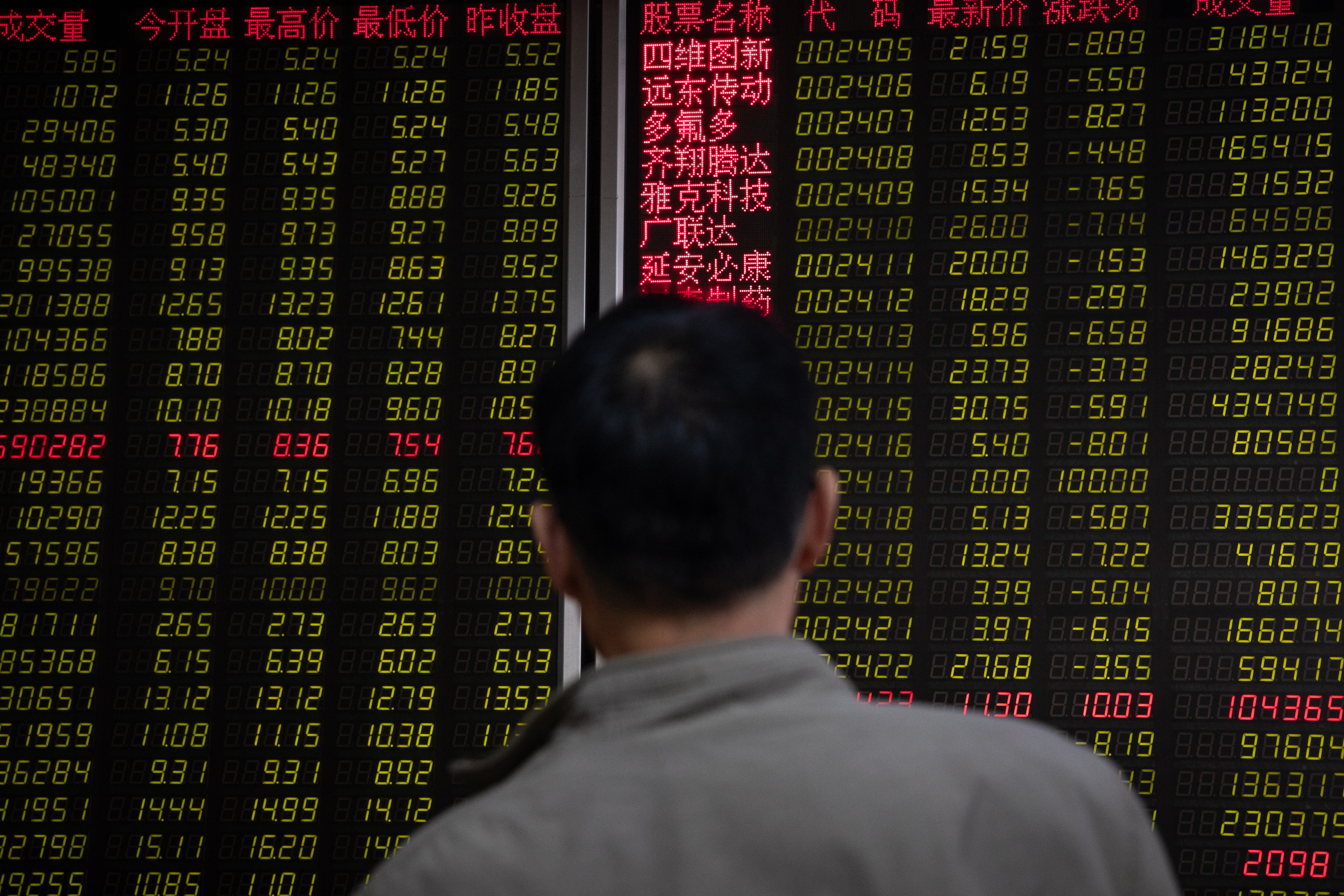 An electronic board displaying the stock index and prices at a securities brokerage in Beijing, on 6 May 2019. Contrary to global conventions, China’s stock market represents losses and declines in green, and uses red to illustrate gains and advances. Photo: EPA-EFE