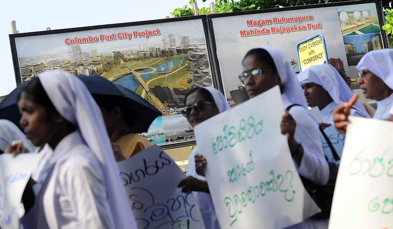 Sri Lankan activists protest the Port City development in 2015. Photo: AFP