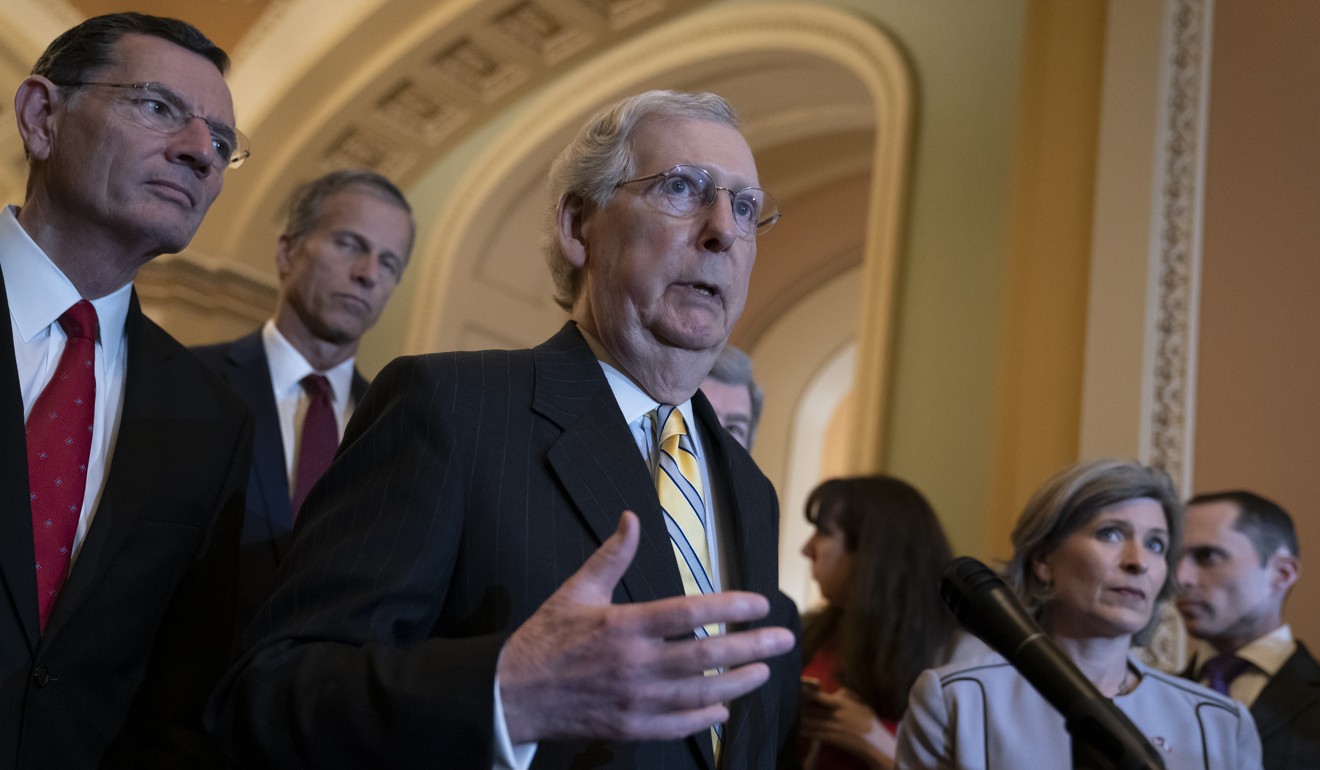 Senate Majority Leader Mitch McConnell (centre) answers questions on Tuesday about Senate Intelligence Committee Chairman Richard Burr’s decision to subpoena Donald Trump Jr. Photo: AP
