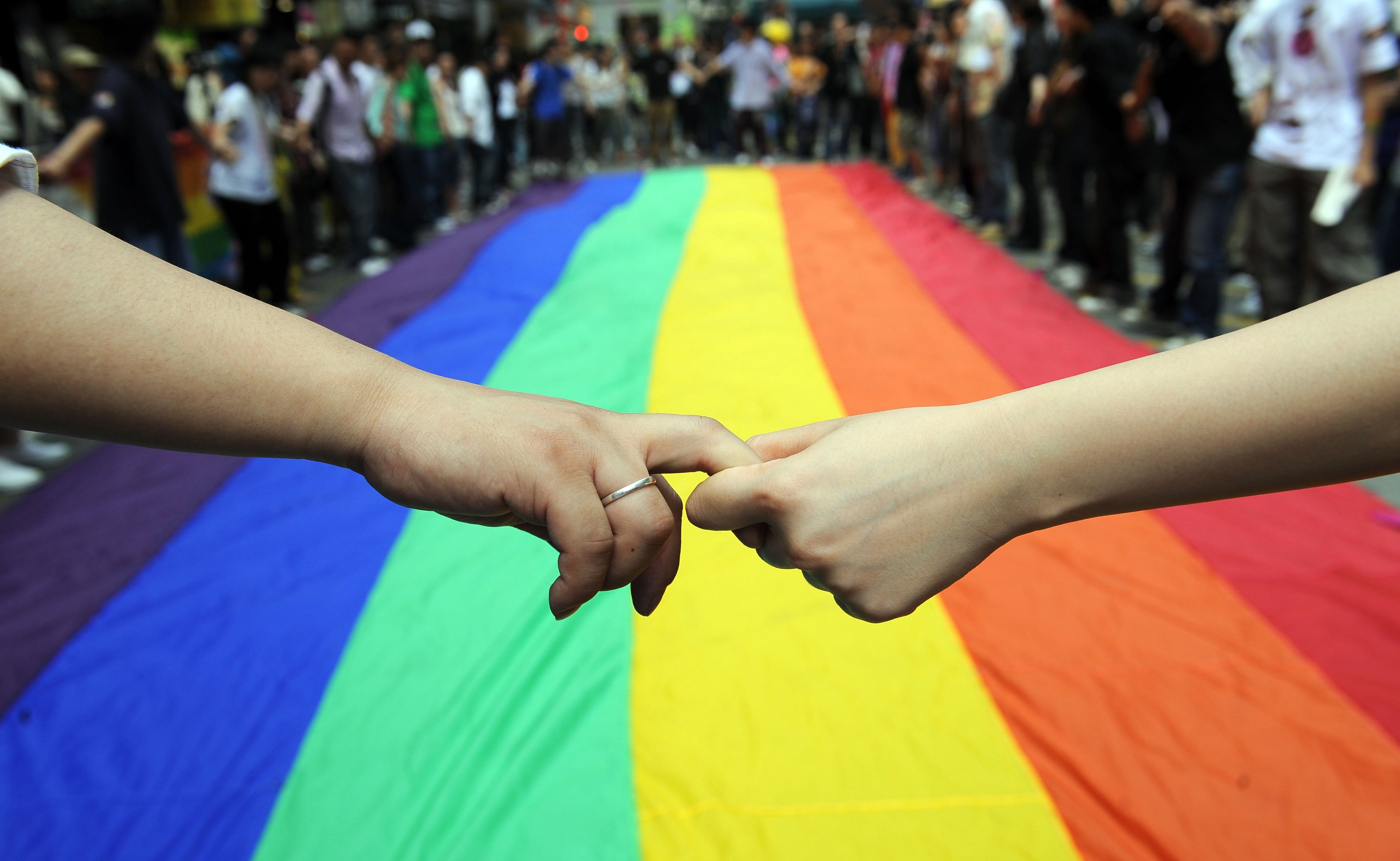 Activists form a human chain around a rainbow flag to mark the fourth annual International Day Against Homophobia in Hong Kong on May 18, 2008. Photo: AFP