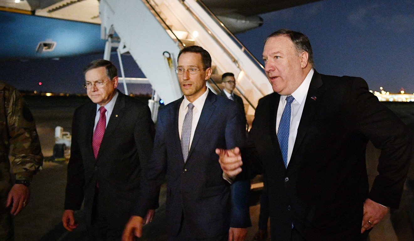 US Secretary of State Mike Pompeo (right) with David Satterfield, acting assistant secretary for Near Eastern affairs (left), and Joey Hood, charge d'affaires, in Baghdad. Photo: AFP