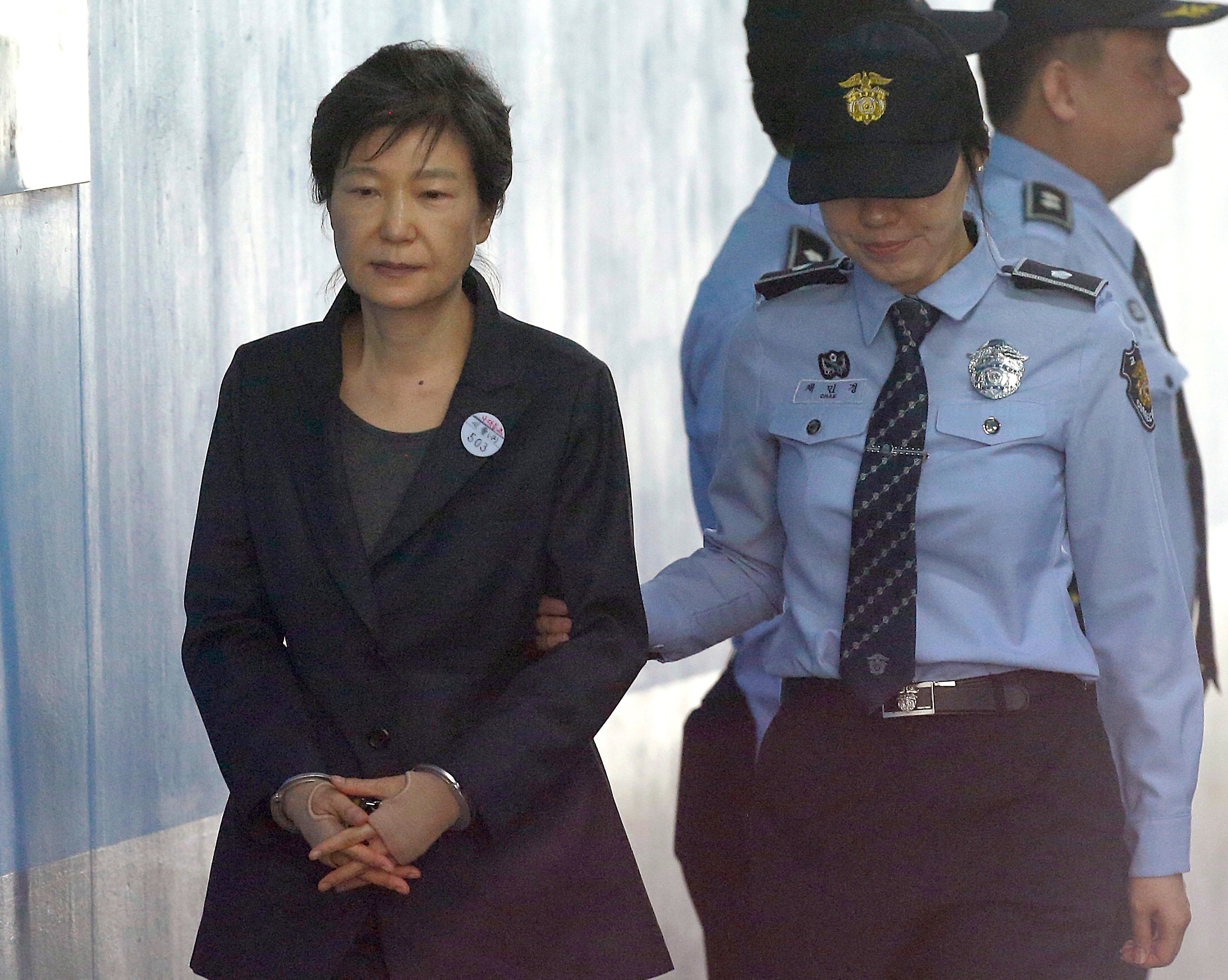 Former South Korean president Park Geun-hye at a 2017 hearing on the extension of her detention at the Seoul Central District Court. Photo: AP