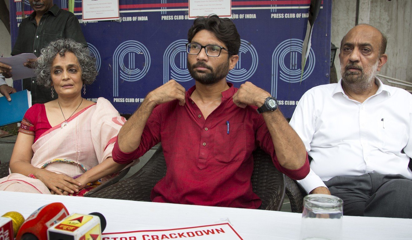 Indian legislator and dalit leader Jignesh Mevani, centre, is an up-and-coming leftist leader. Photo: AP