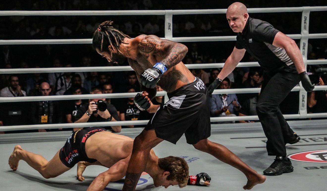 Sage Northcutt hits the canvas after being knocked out in the first round of One Championship. Photo: One Championship