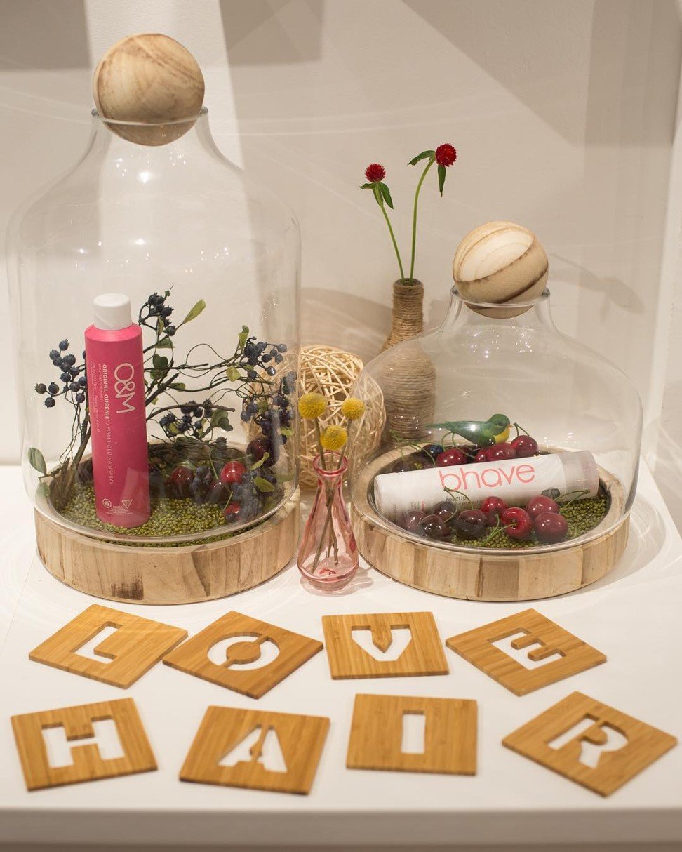 A display, which includes bhave and o&m hair products, at the Love Hair salon in Central.