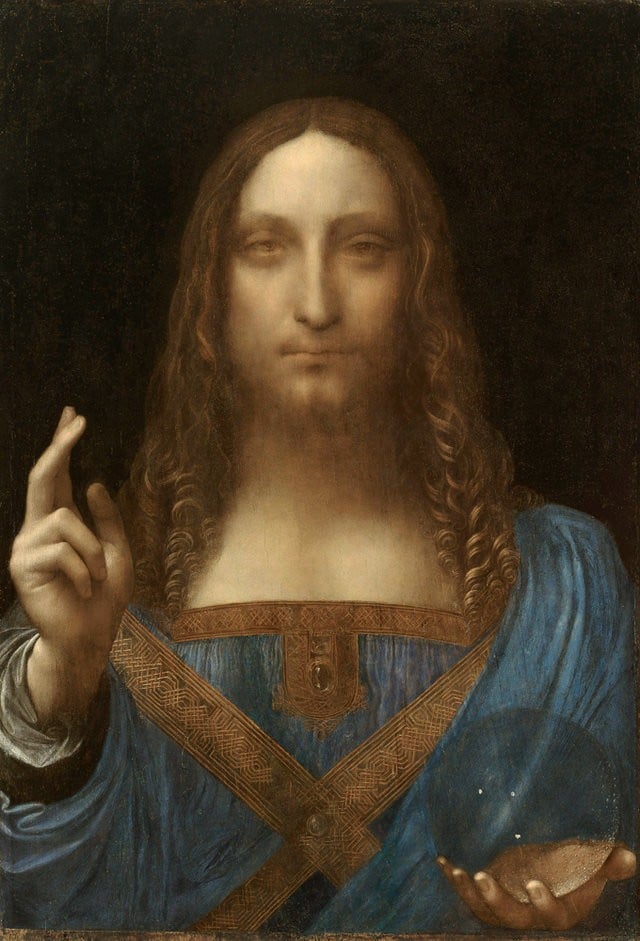 Part of the painting Salvator Mundi, attributed to to the artist Leonardo da Vinci