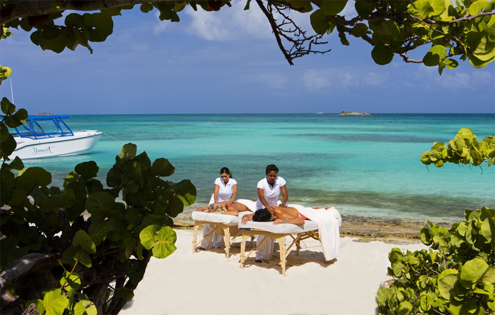 A private island massage for two is one of the treats of the Castaway Escape for Two offered by the Jumby Bay Island resort’s spa.