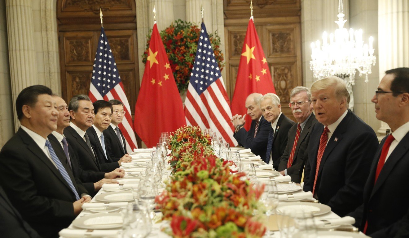 The Chinese and US negotiating teams, with Xi Jinping and Donald Trump on December 1 in Buenos Aires, Argentina. Photo: AP