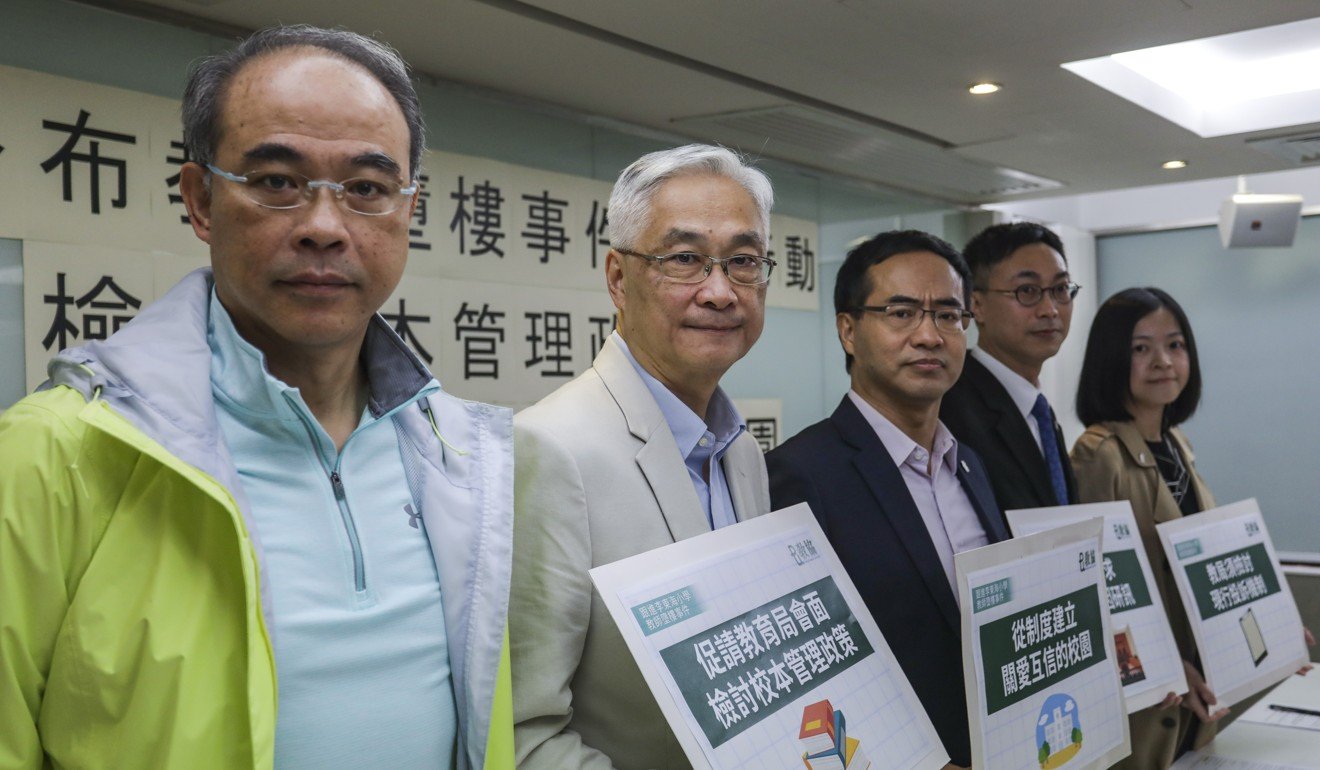 The Hong Kong Professional Teachers Union meets the press, in March in Mong Kok, to propose ways to protect staff following the death of primary school teacher Lam Lai-tong. Lam was said to have suffered from extreme stress and overwork before she fell to her death at school. Photo: Tory Ho