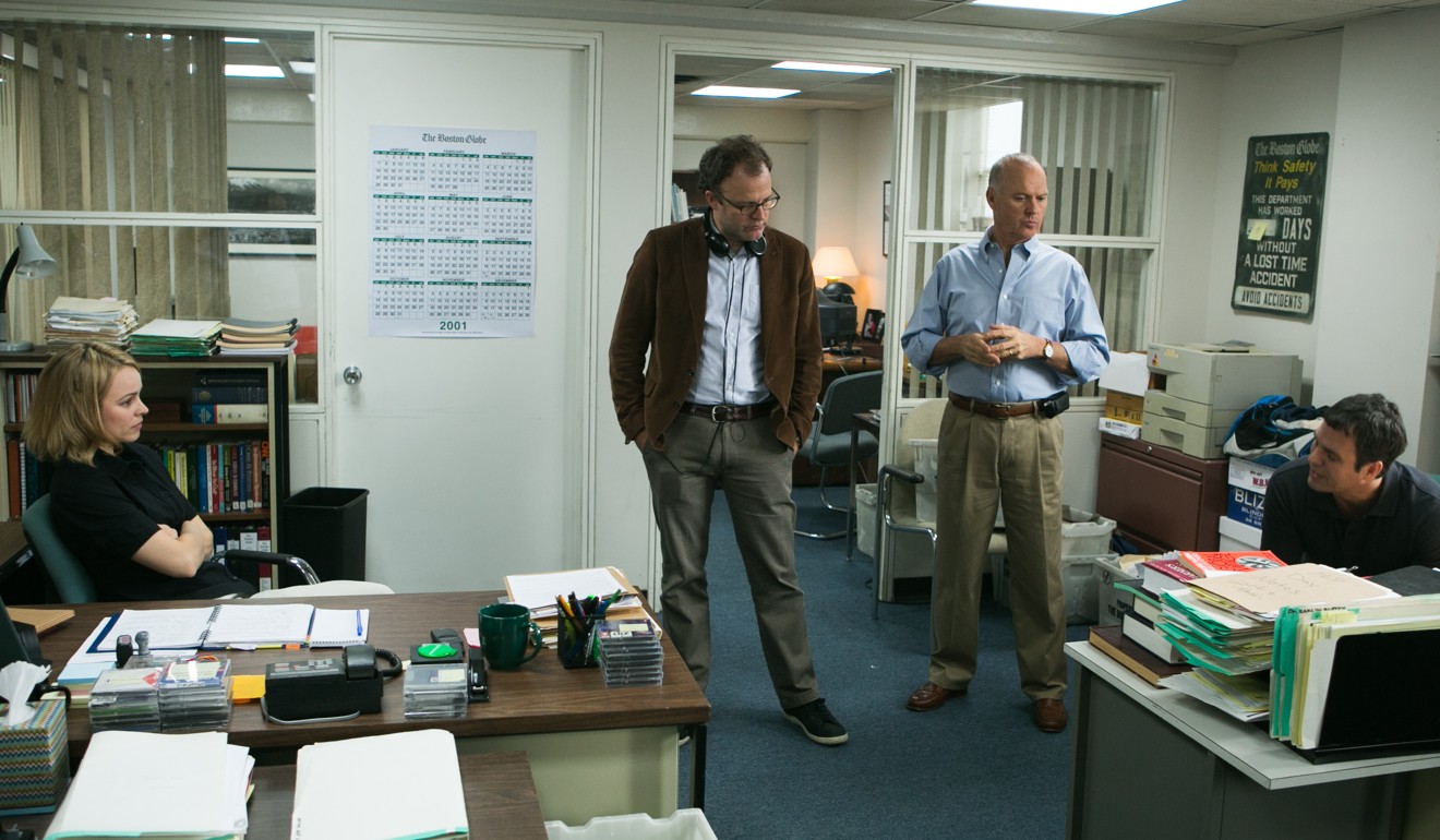 (From left) McAdams, the film’s director Tom McCarthy, Keaton and Ruffalo on the set of Spotlight.