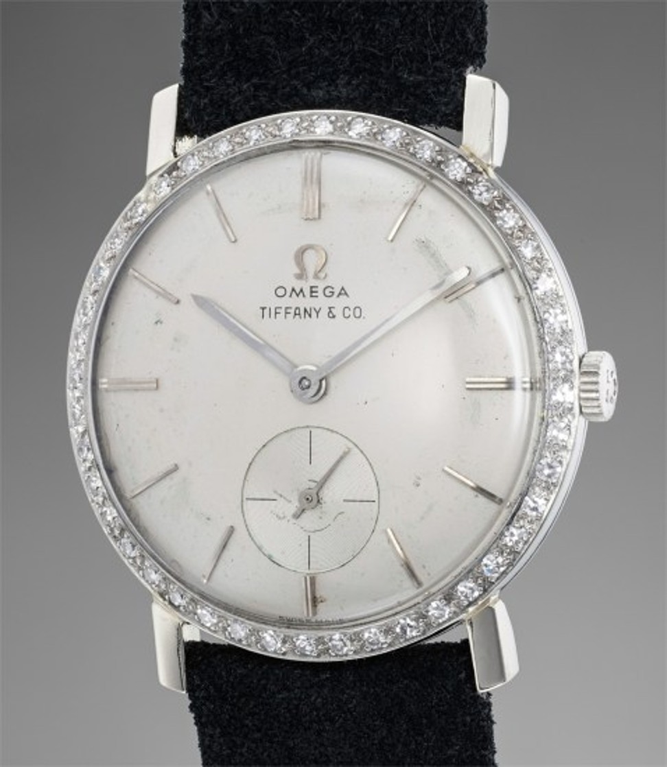 Elvis Presley’s 18-ct white gold Omega watch, which is decorated with 44 diamonds around the bezel.