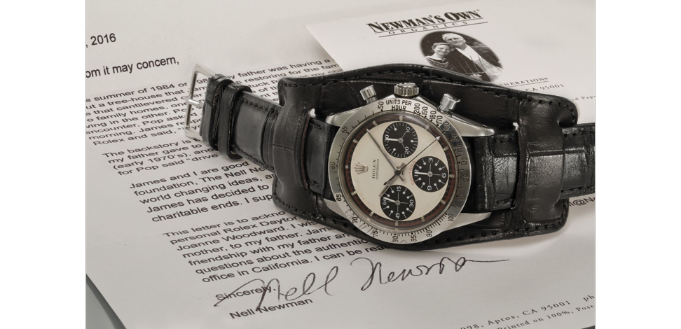 Paul Newman’s Rolex Daytona is inscribed with his wife, Joanne Woodward’s dedication on the back, ‘Drive Carefully – me’.