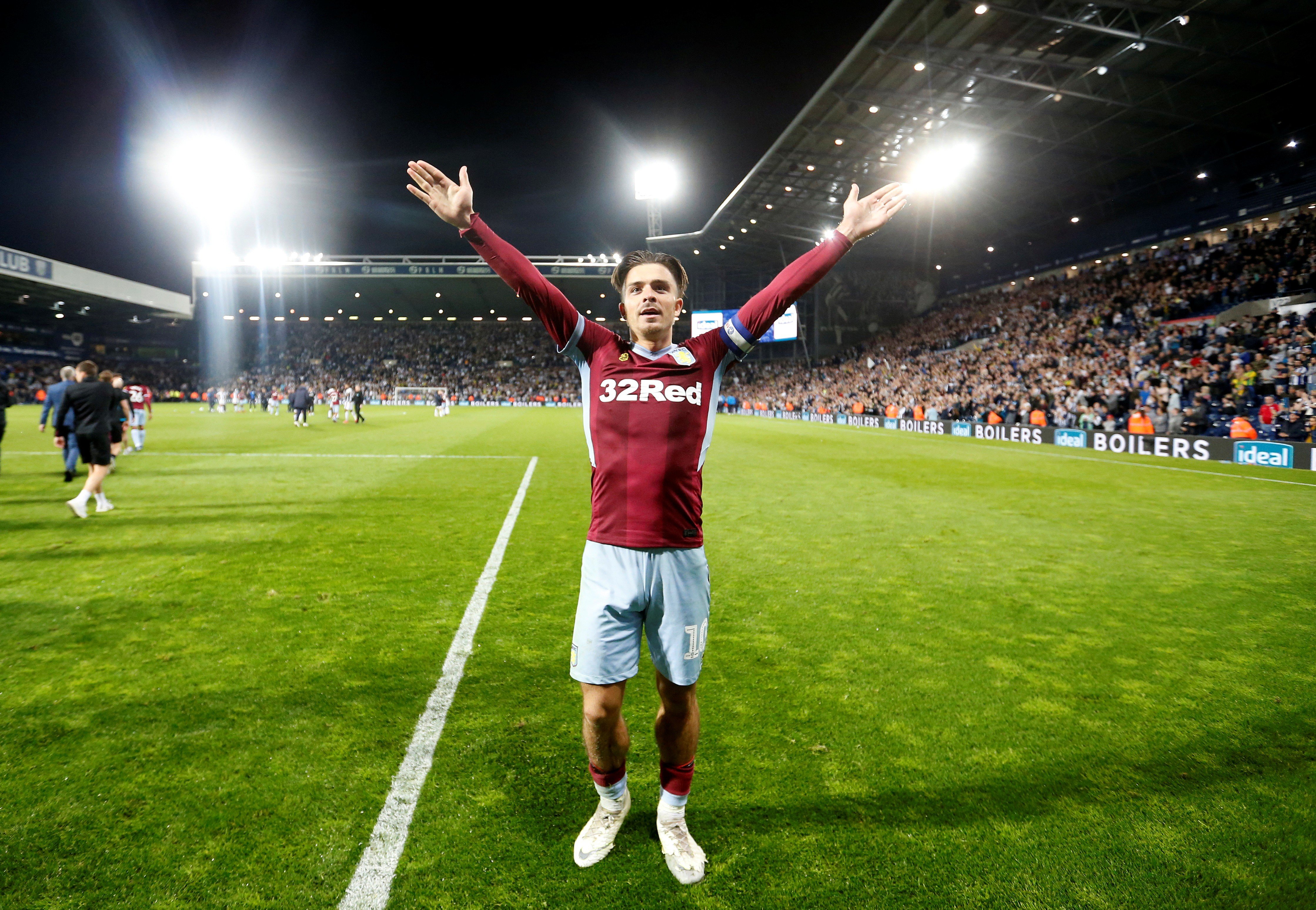 Aston Villa’s Jack Grealish thanks the crowd after winning the play-off semi-final to return to Wembley. Photo: Reuters