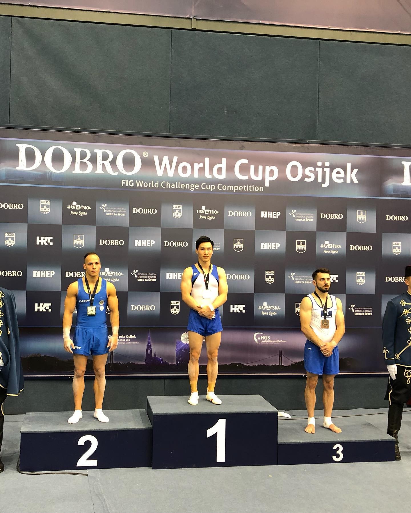 Shek Wai-hung celebrates winning gold on the podium at the World Cup in Osijek, Croatia. Photos: Shek Wai-hung/Facebook