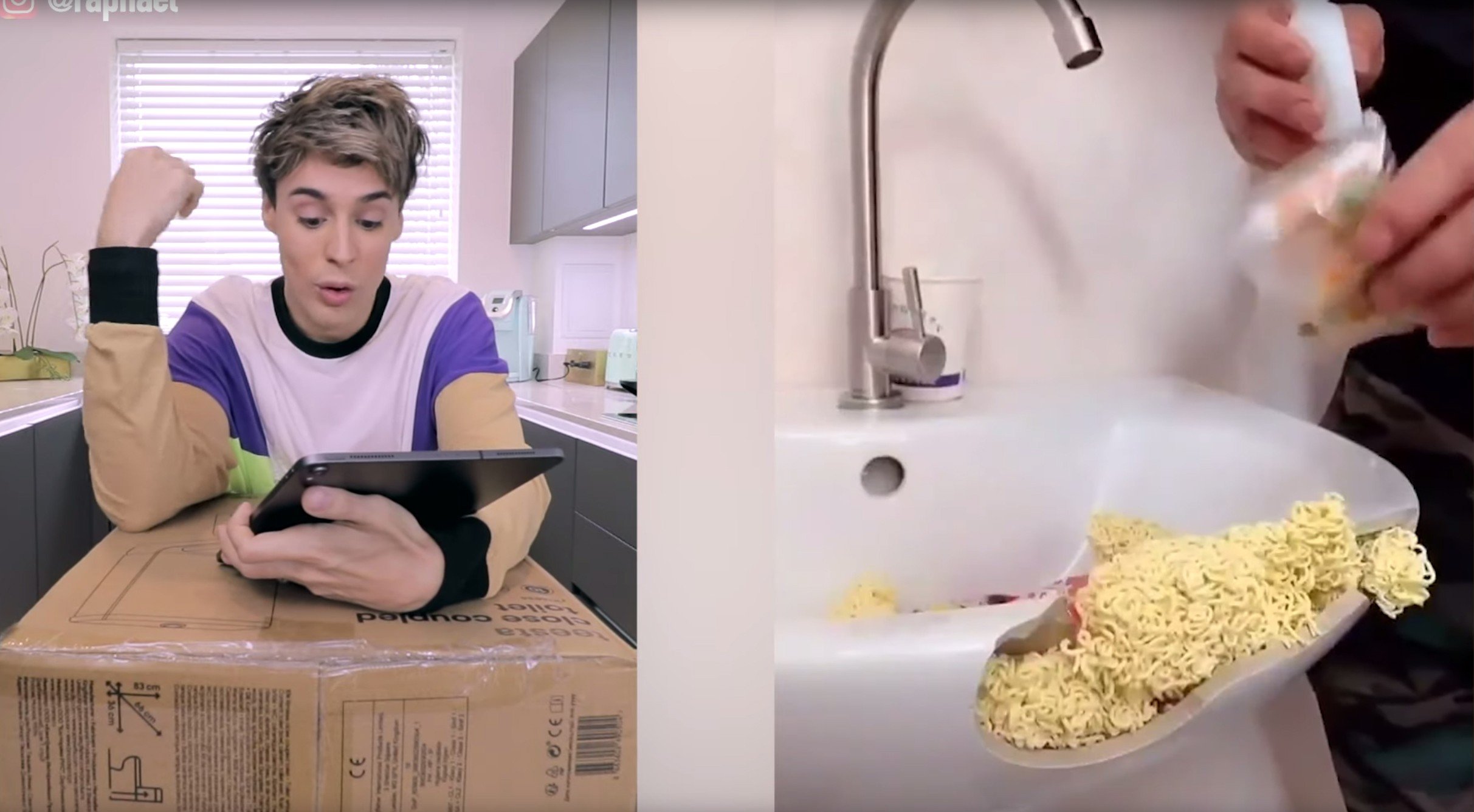 A still from a video showing someone apparently repairing a big hole in a sink using dried ramen noodles. A London-based YouTuber who tried to replicate the DIY fix on a broken toilet seat showed it didn’t work. Photo: YouTube/Raphael Gomes/arqmariaffernanda