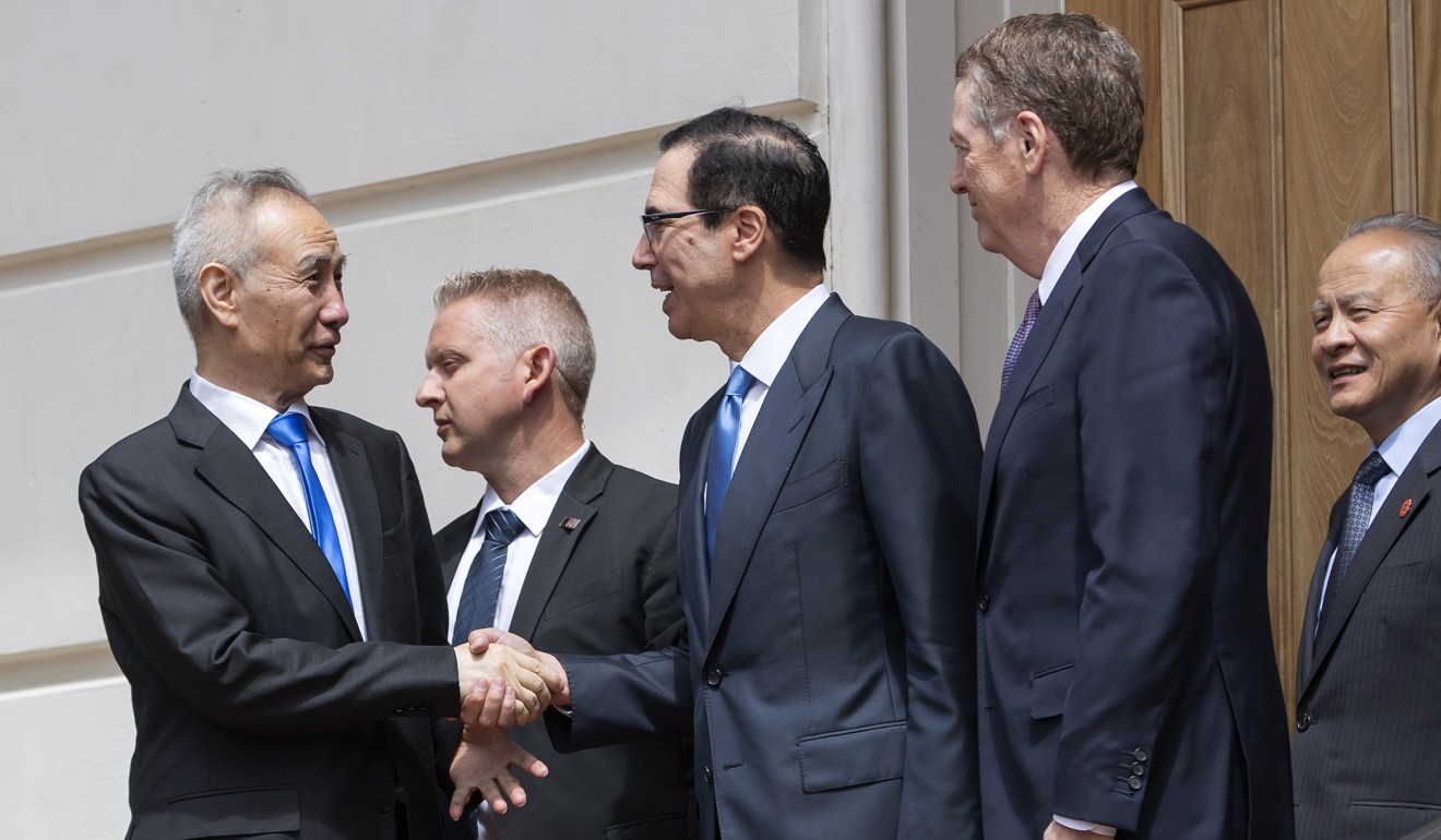 China’s vice-premier Liu He (left) says goodbye to US Treasury Secretary Steven Mnuchin (centre) and US Trade Representative Robert Lighthizer (second from right) after trade talks between the two countries in Washington earlier this month. Photo: EPA-EFE
