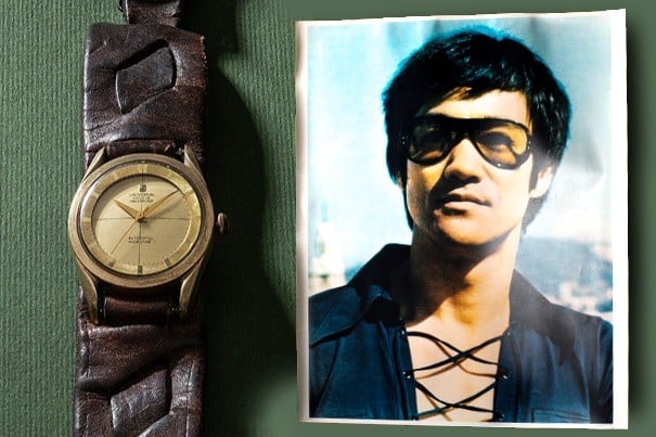 Bruce Lee’s watch and his photo circa 1972 accompanying the timepiece. Photo: phillips.com