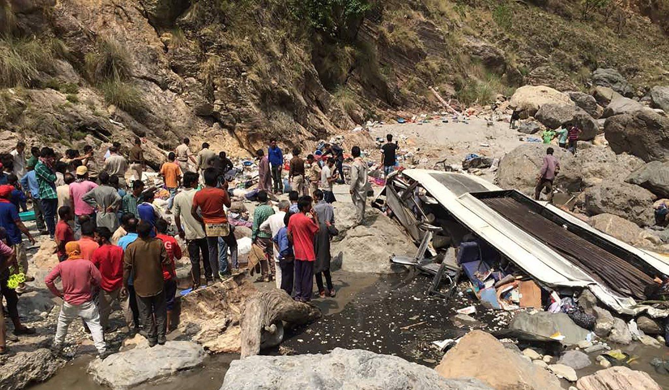 A bus swerved off a mountain road in Himachal Pradesh, India, in 2017 and fell into a deep ravine, killing at least 44 people. Photo: AFP