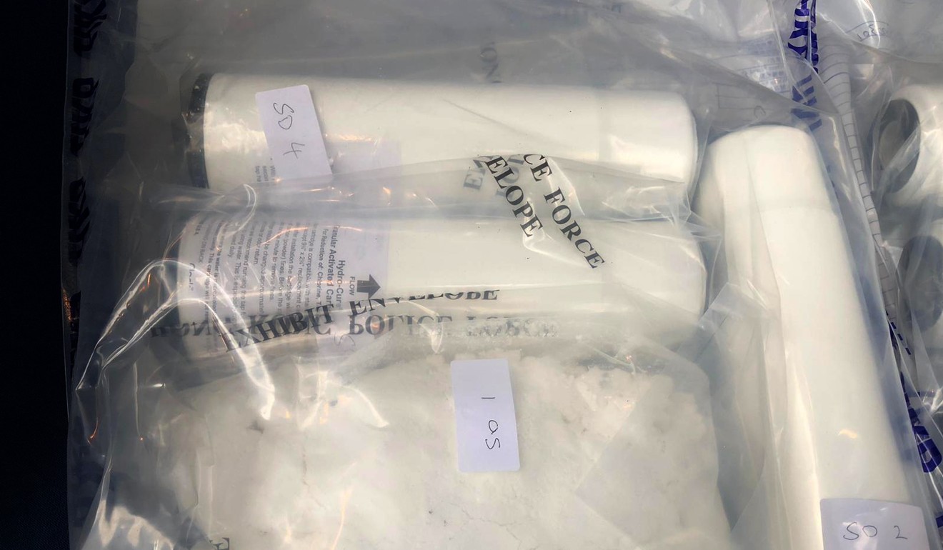 The 6.4kg haul discovered at Hong Kong International Airport was concealed in water filter cartridges. Photo: Handout