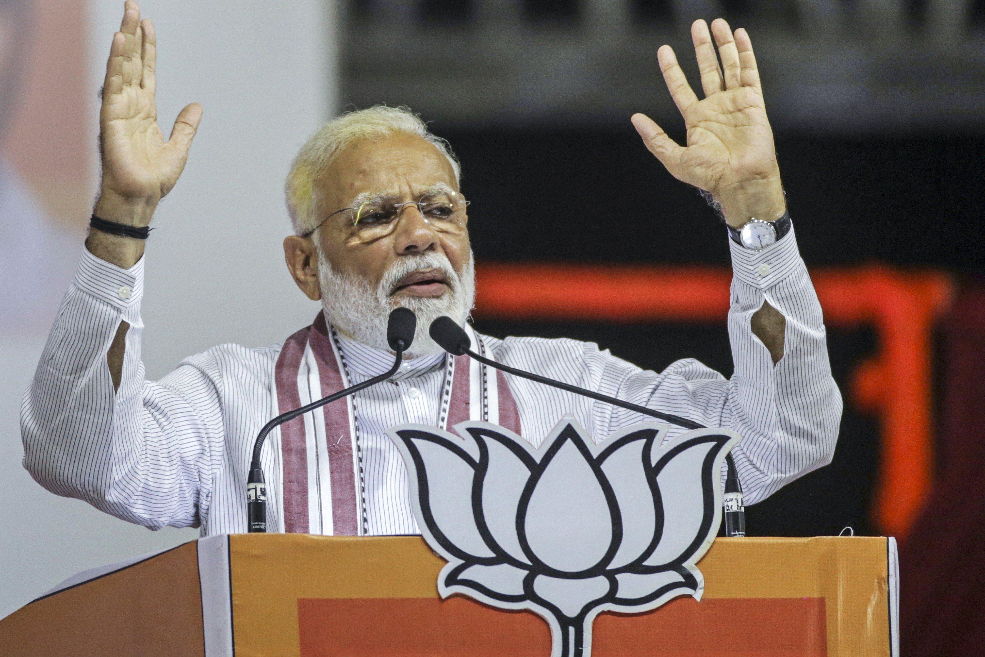 Indian Prime Minister Narendra Modi speaks during a rally in Mumbai on April 26. Modi's Bharatiya Janata Party increased its already substantial majority in the recently completed elections, winning 303 out of 545 seats in the lower house of parliament. Photo: Bloomberg