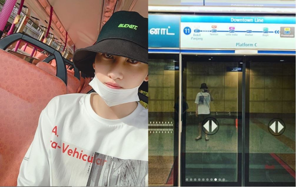 K-pop’s Super Junior star Lee Hyuk-jae wears a hat and mask in Instagram photos as he uses public transport such as the Mass Rail Transit (right) while travelling alone in Singapore. Photos: Instagram/Eunhyukee44