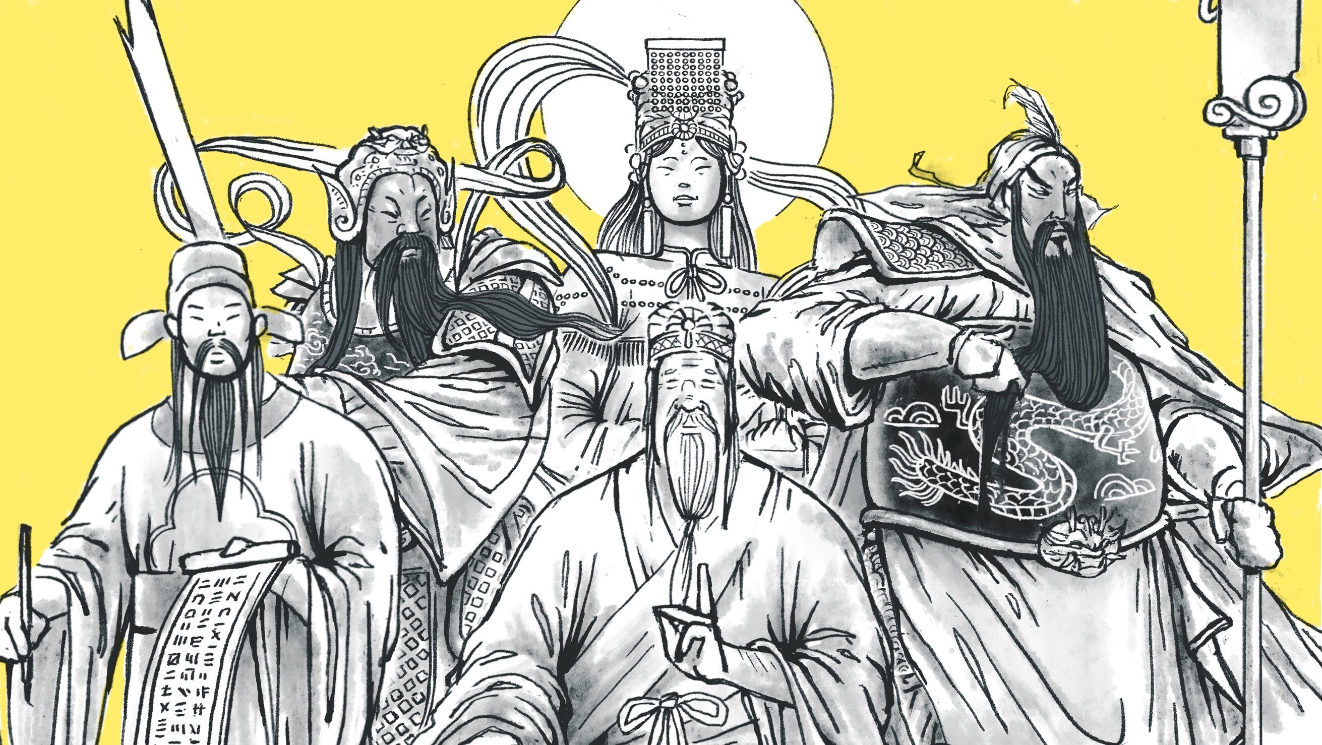 Immortals worshipped in Hong Kong culture (back, from left) Man Cheong, Pak Tai, Tin Hau, Mo Tai, and Wong Tai Sin in front. Art: Perry Tse