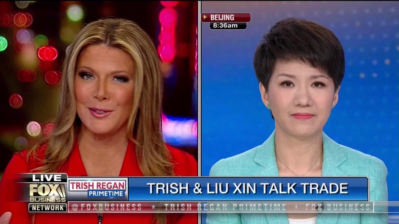 CGTN anchor Liu Xin (right) and Fox Business Network host Trish Regan engage in a live television discussion on the China-US trade war, on May 30. Photo: Twitter