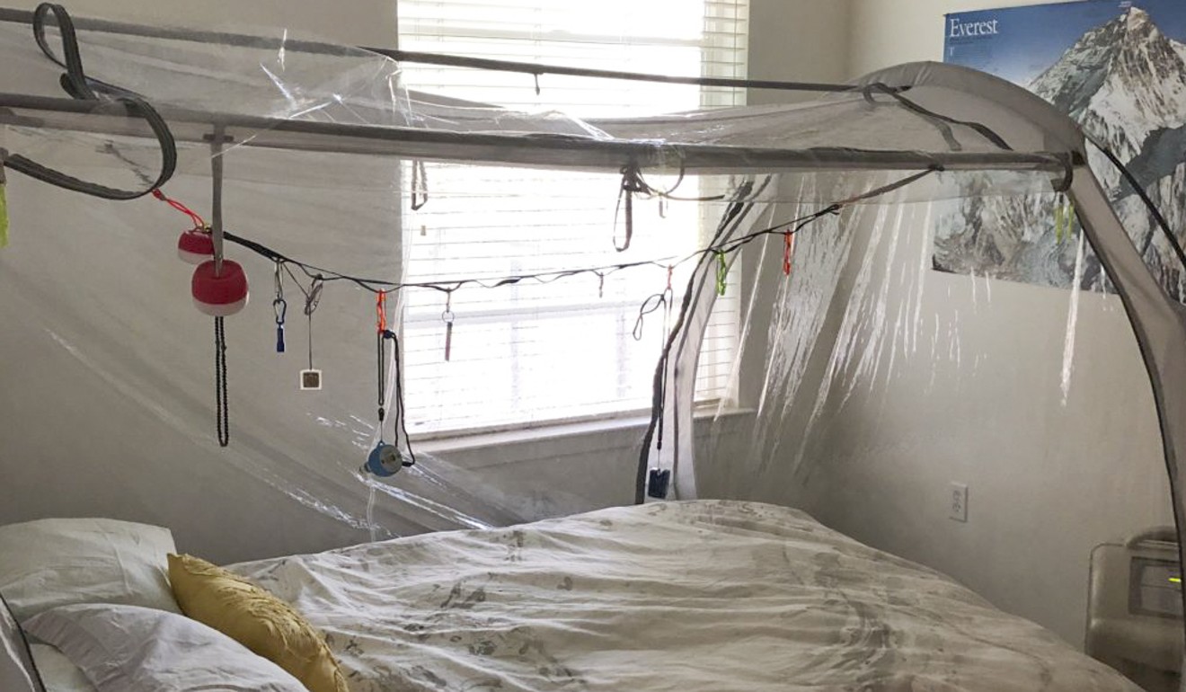 Vogel rigged a high-altitude tent over her bed at home and pumped out oxygen to simulate high-altitude conditions. Photo: GU Energy/Roxanne Vogel