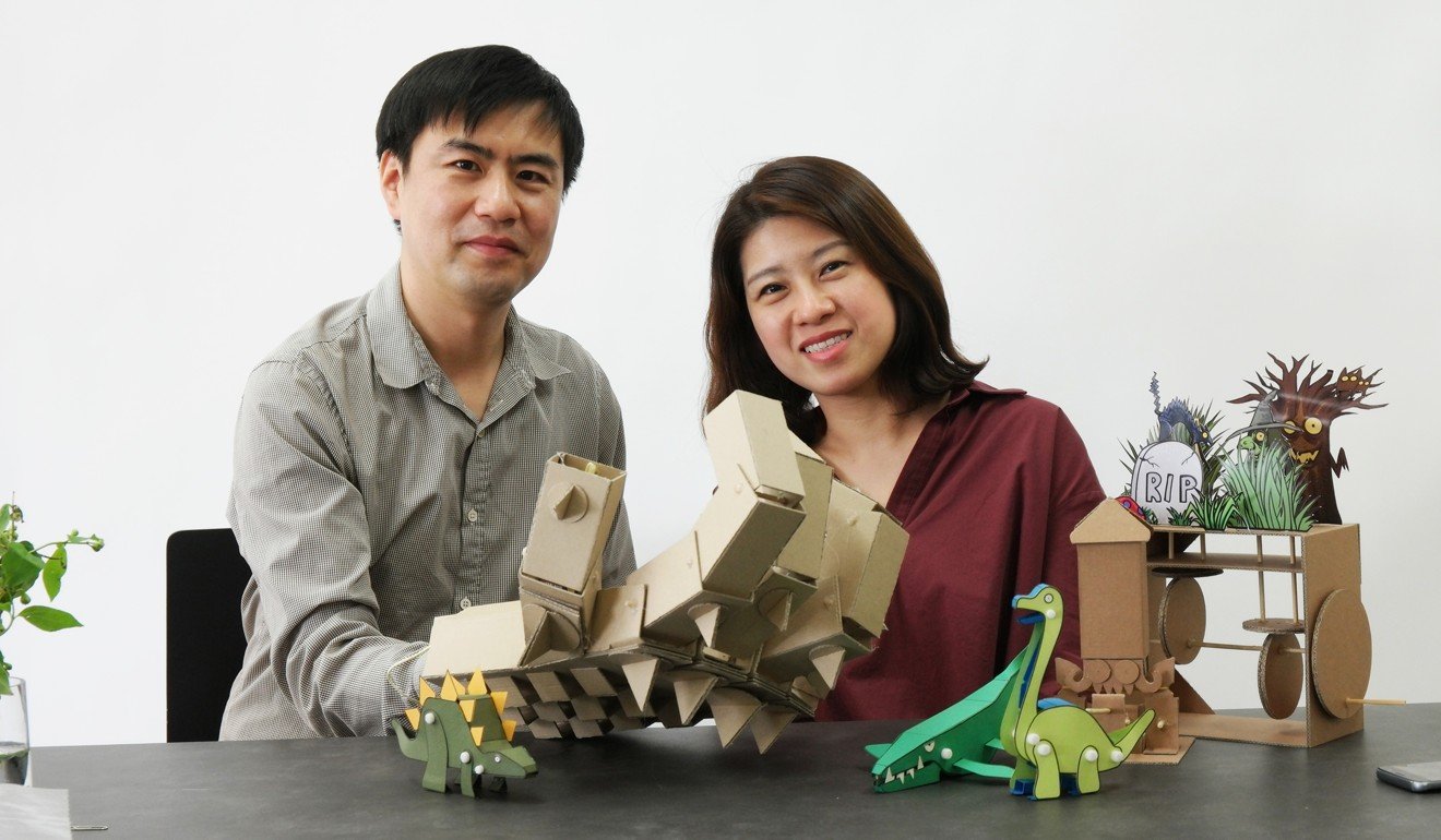 The Ant Institute’s Hong Yoo-kyung and Lee Dong-kuk in front of some of their art creations. Photo: Handout