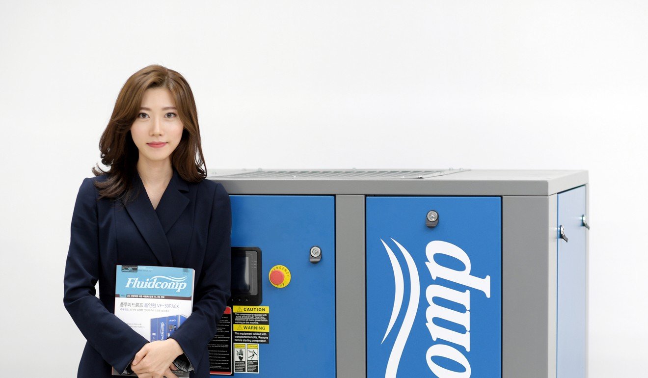 Chung Da-jung, CEO of the start-up Fluidcomp, with one of her air compressors. Photo: Handout