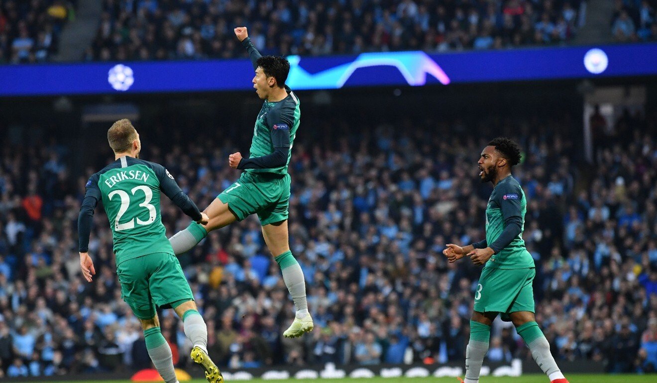 Son Heung-min celebrates after netting in the second leg against Manchester City. Photo: AFP