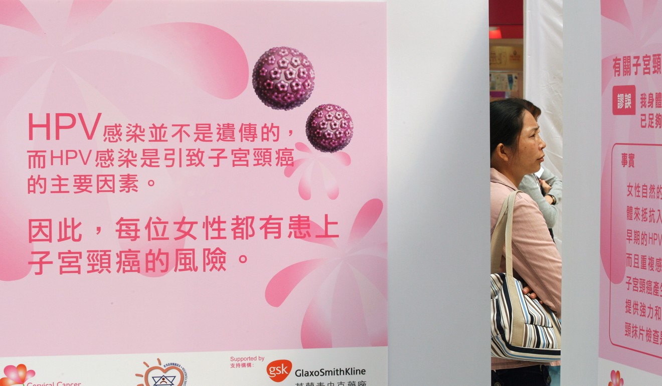 Posters at the launch of an alliance on cervical cancer prevention, at Olympic City in Tai Kok Tsui in March 2008. Photo: Martin Chan