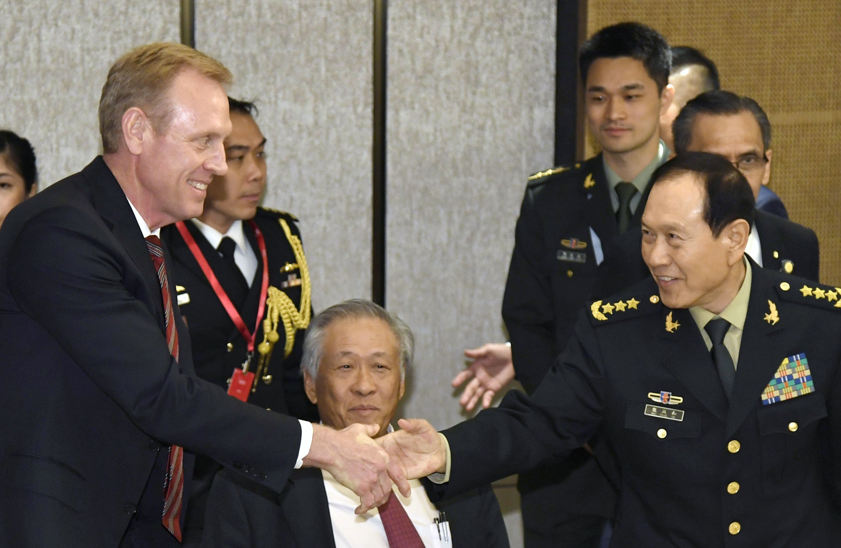 Acting US Defence Secretary Patrick Shanahan with Chinese Defence Minister General Wei Fenghe. Photo: Kyodo