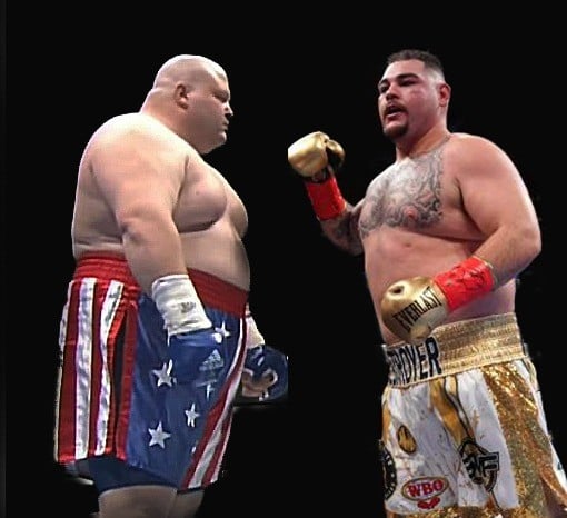 Andy Ruiz Jnr (right) has been compared to Eric “Butterbean” Esch by a TV sportscaster. Photo: YouTube/AFP