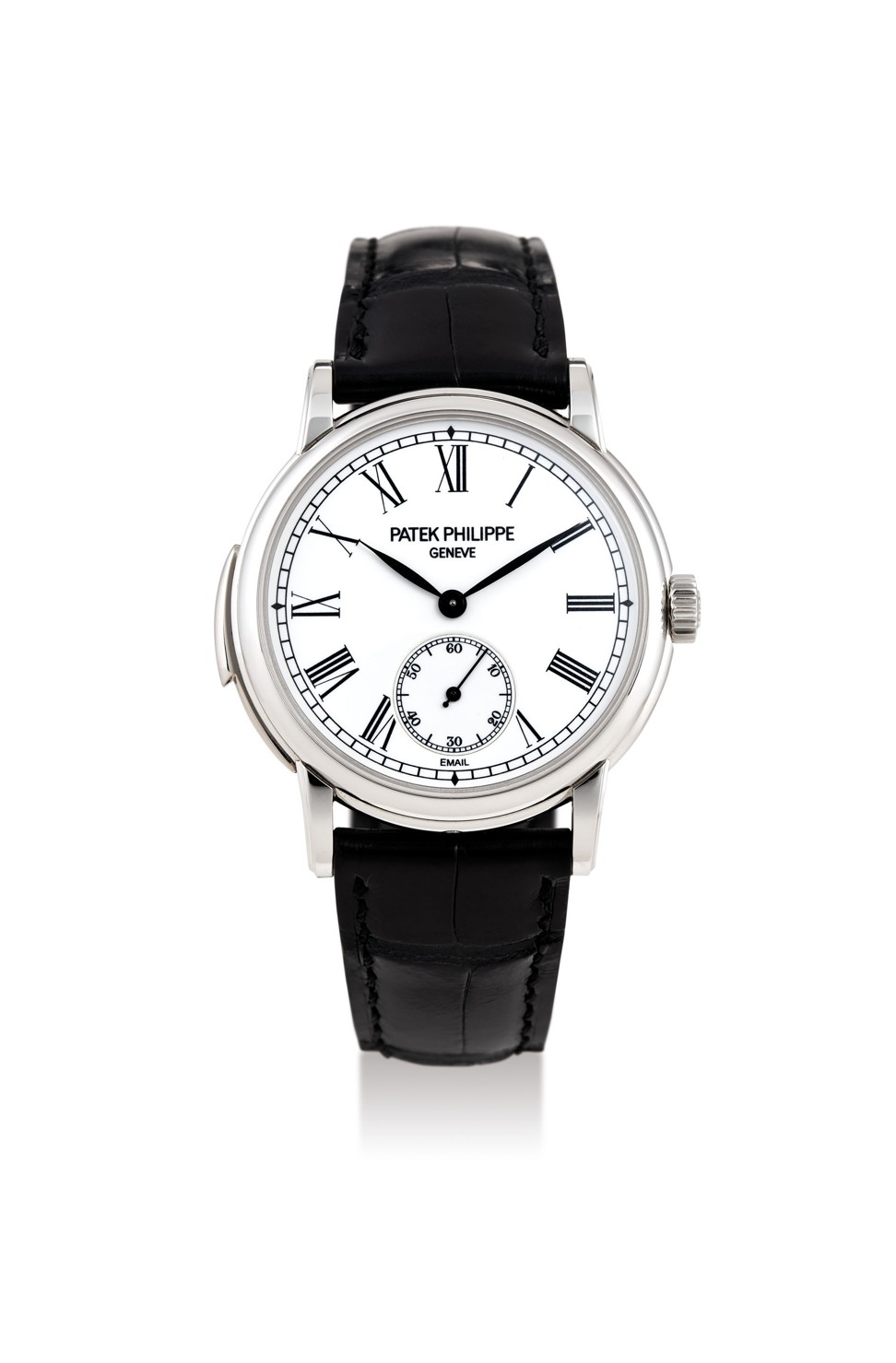 Lot 979, Patek Philippe, a rare platinum minute repeating wristwatch with enamel dial, complete with additional caseback, original presentation box, certificate.