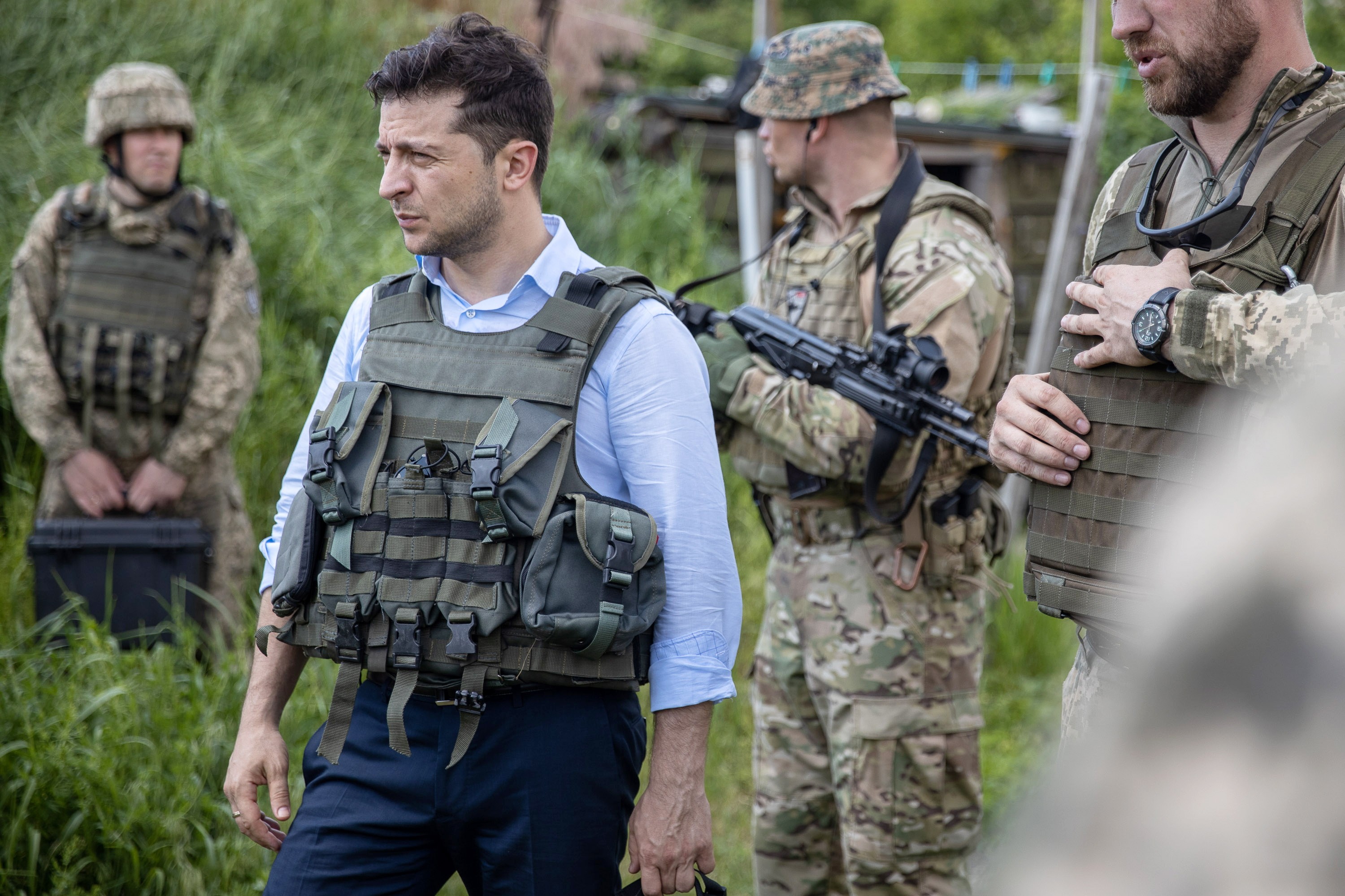 Ukraine’s President Volodymyr Zelensky visits the front line not far from pro-Russian rebels' controlled territory in the Luhansk region, eastern Ukraine. Photo: EPA