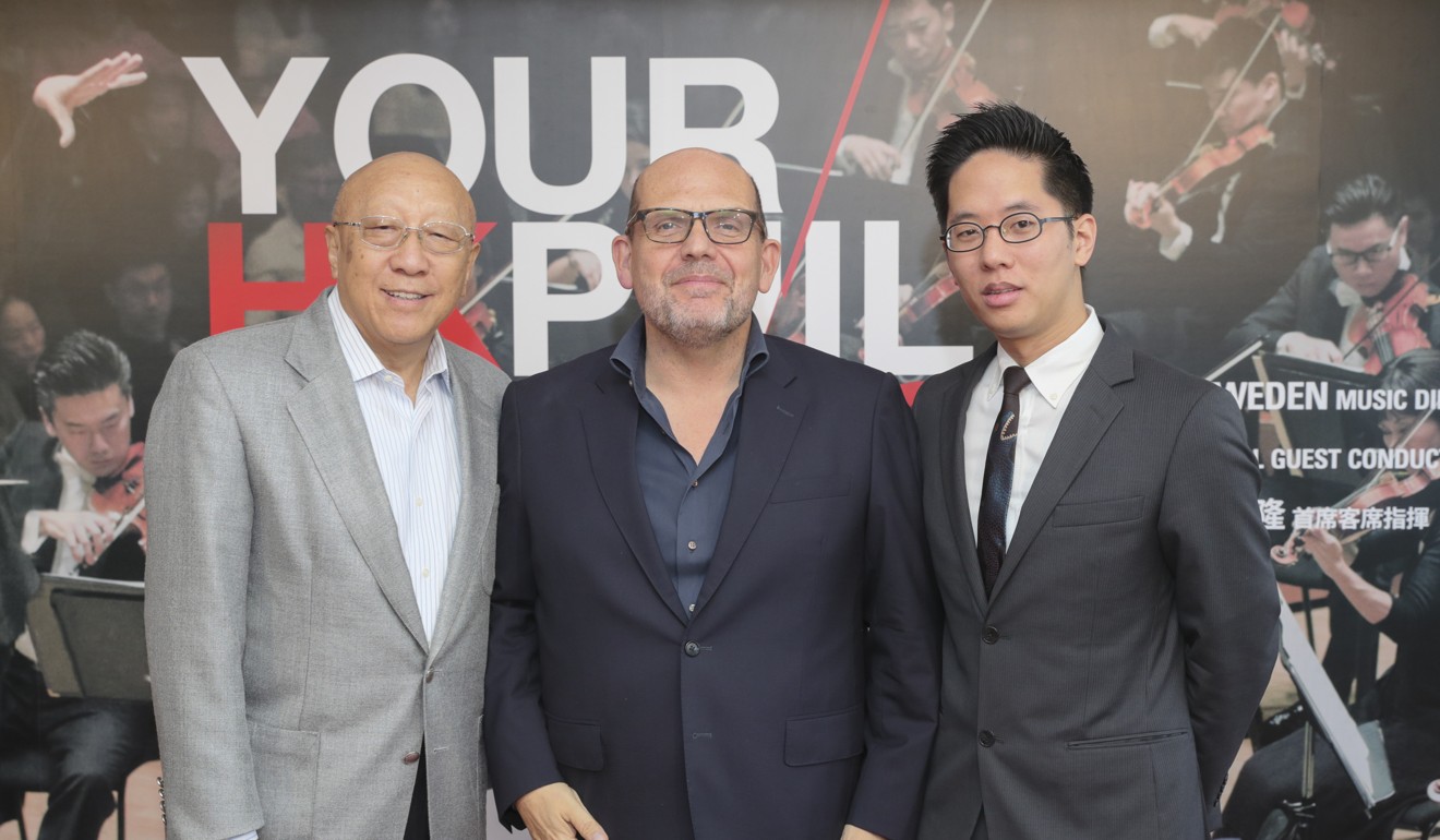 Lam (right) with HK Phil music director Jaap van Zweden (centre) and Liu Yuen-sung, chairman of the board of governors of HK Phil. Photo: Keith Hiro/HK Phil