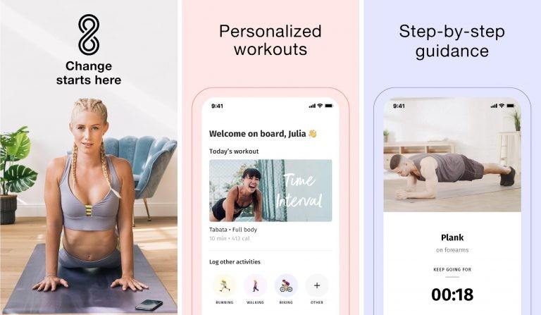 The fitness app 8fit features no-equipment workouts as well as nutrition guidance and meal plans. Photos: 8fit