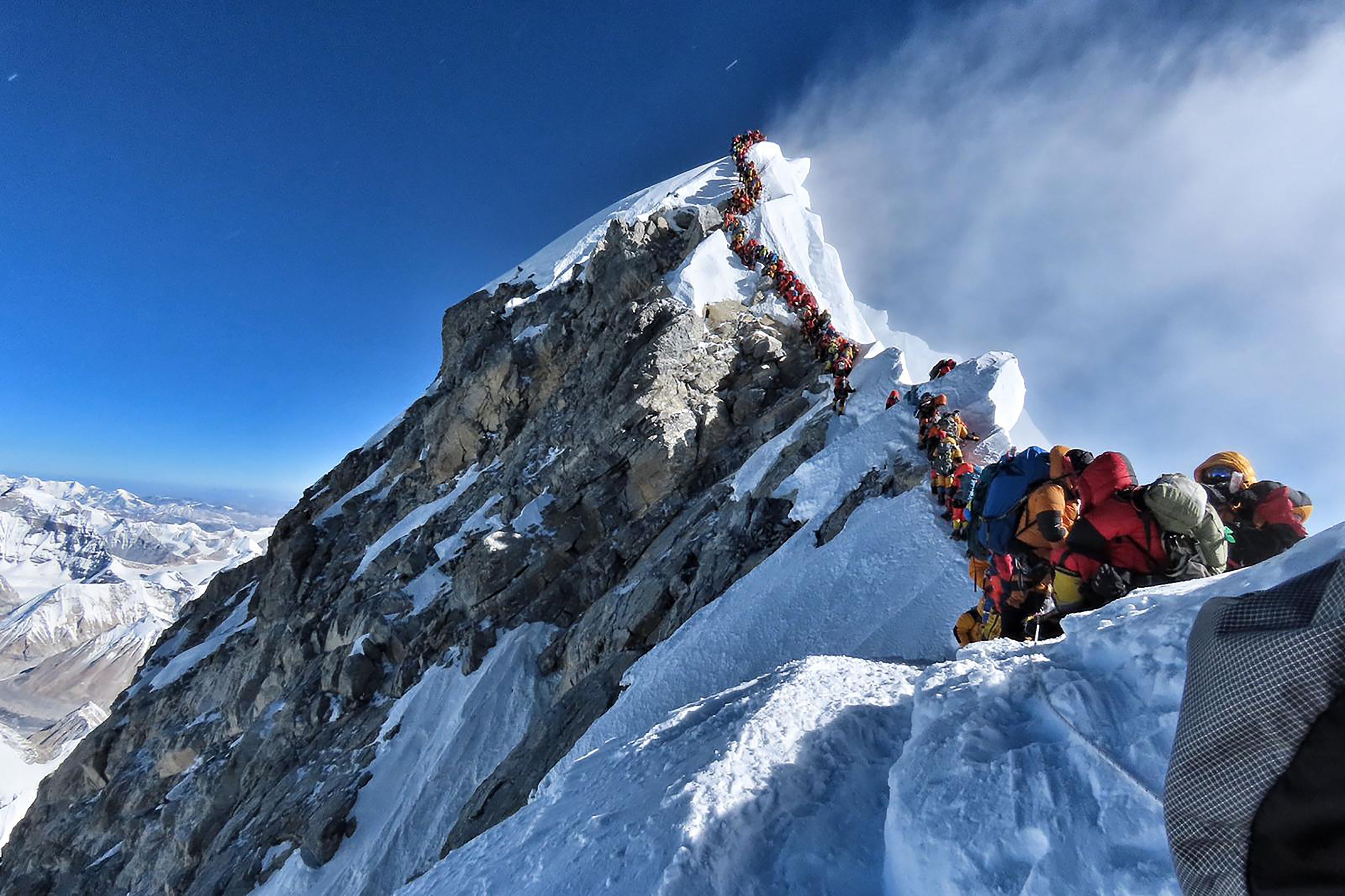 Climbers line up for hours to reach the summit of Mount Everest on May 22. Photo: @nimsdai Project Possible via AFP