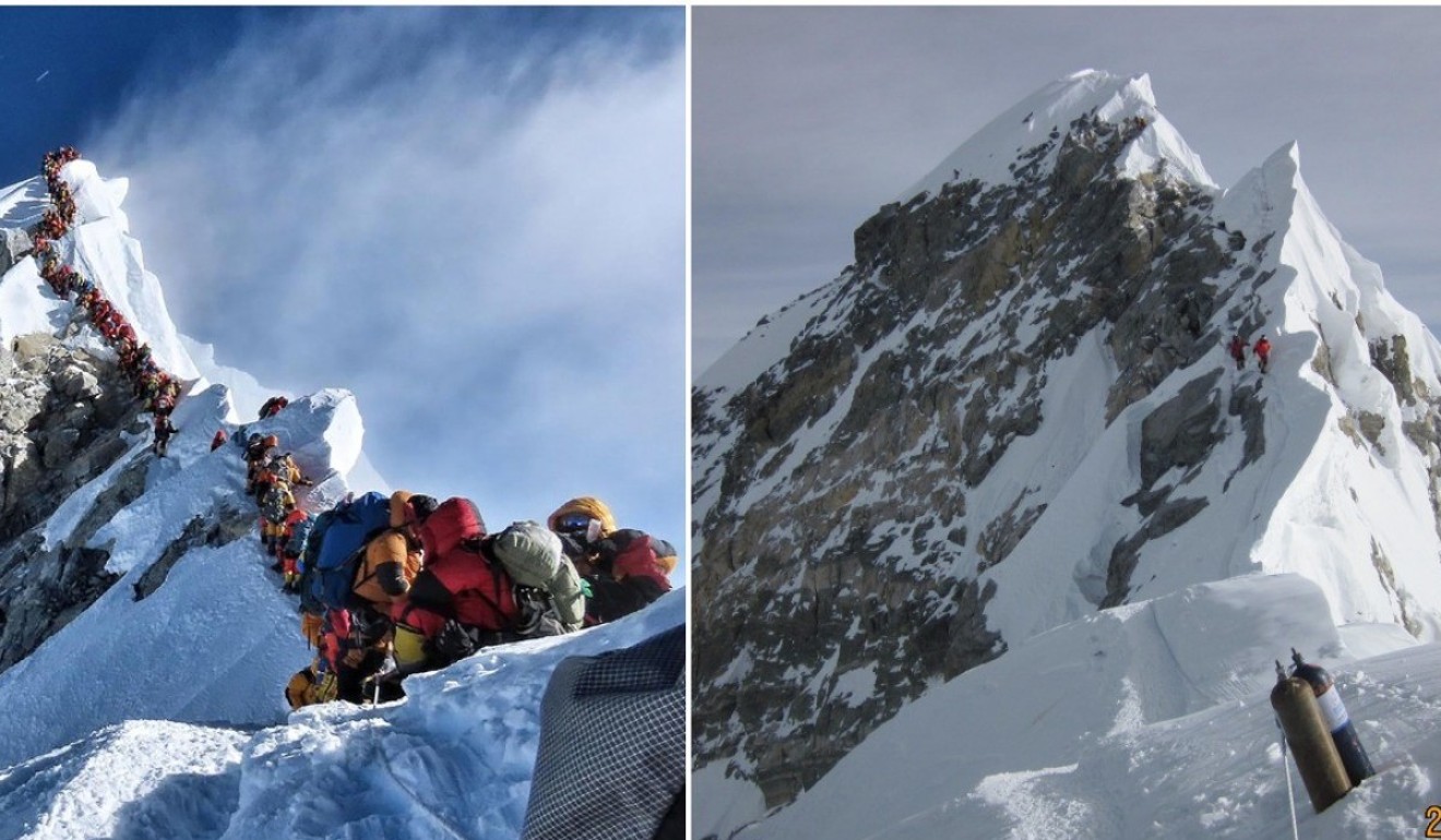 The contrast between the queue for the 2019 summit of Everest, and when Hongkonger Michael Tomordy reached the peak a year before by waiting for the initial weather window rush to clear. Photos: Project Possible/Handout