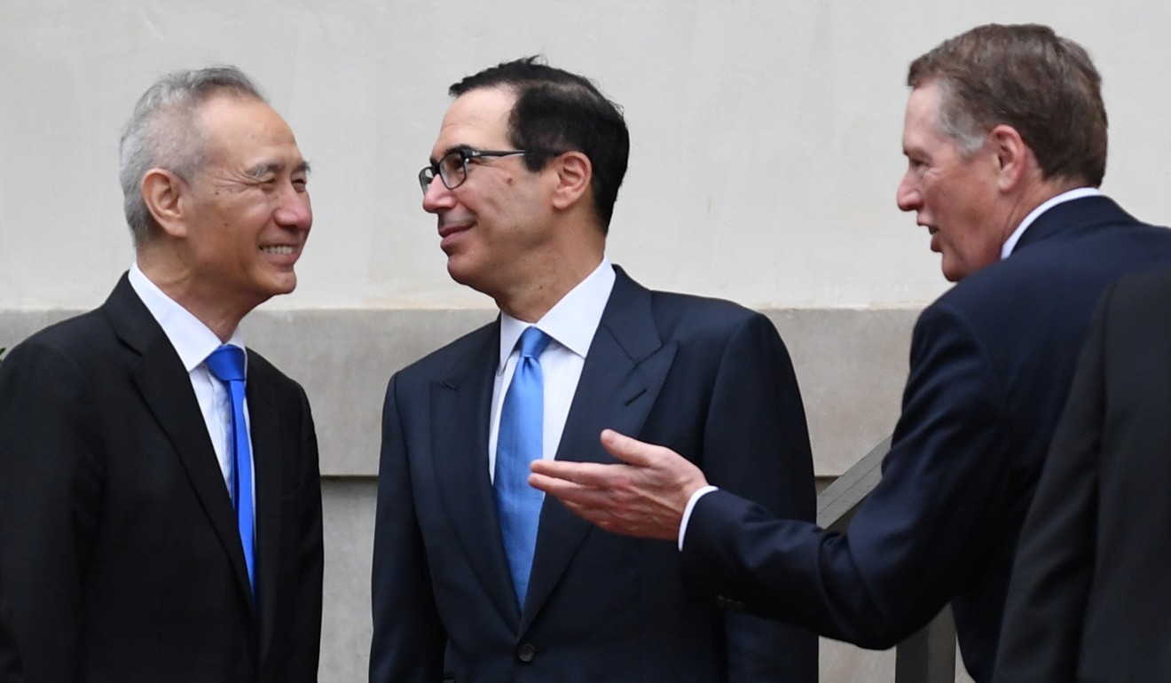 China’s top negotiator, Vice-Premier Liu He, with US Treasury Secretary Steven Mnuchin (centre) and US Trade Representative Robert Lighthizer during talks in Washington in May. Trump’s trade chiefs have blamed the breakdown in talks on attempts by China’s negotiators to “renege” on commitments. Photo: Reuters